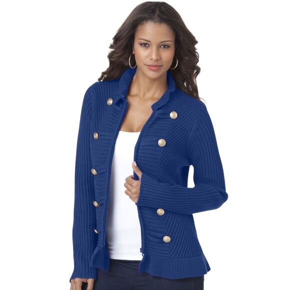 Roamans Gold Button Cardigan Size L 18/20 Ruffle Hem Neck Nautical Coastal Blue - Picture 1 of 11